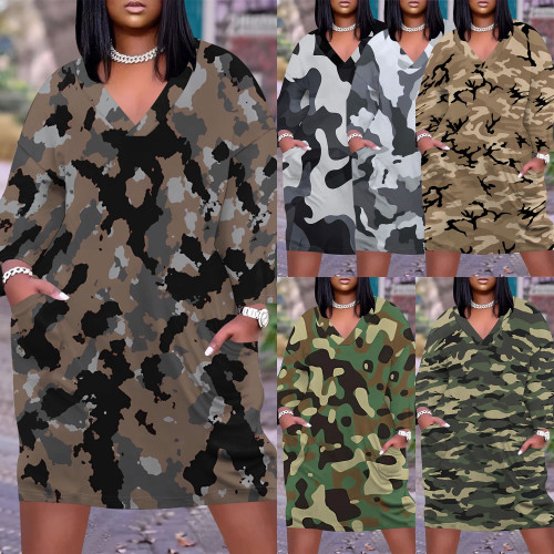 1 Piece Custom Casual Digital Printing V Neck Plus Size Midi Dresses
