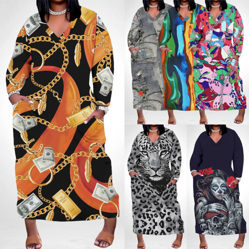 1 Piece Custom Casual Digital Printing V Neck Plus Size Long Dresses