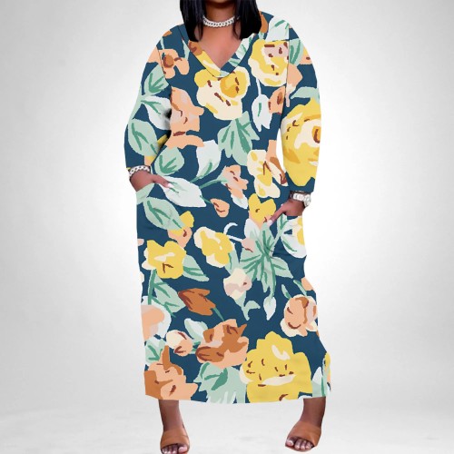 1 Piece Custom Casual Digital Printing V Neck Plus Size Long Dresses