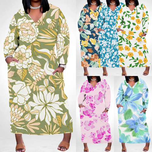 1 Piece Custom Casual Digital Printing V Neck Plus Size Long Dresses