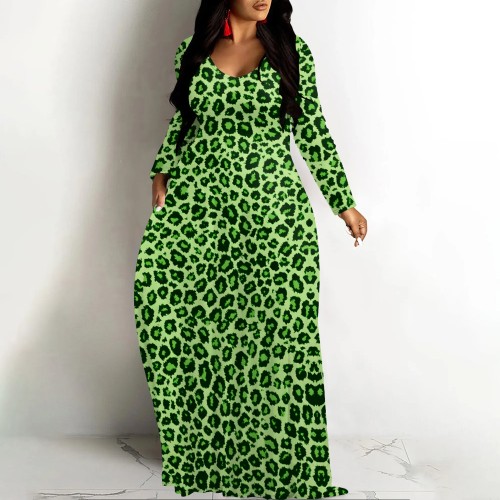 1 Piece Custom Leopard Print V Neck Long Sleeve Fall Outings Straight Loose Maxi Dress