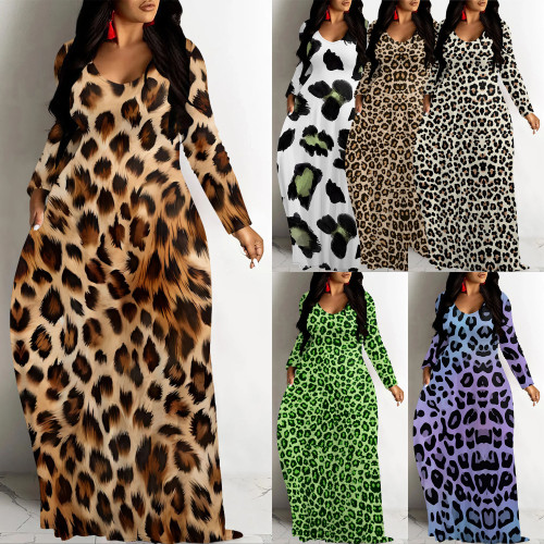 1 Piece Custom Leopard Print V Neck Long Sleeve Fall Outings Straight Loose Maxi Dress