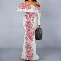 1 Piece Custom Casual Print Flower Off Shoulder Maxi Dress