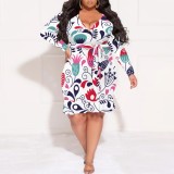 1 Piece Custom Casual Print V Neck Long Sleeve Midi Dress