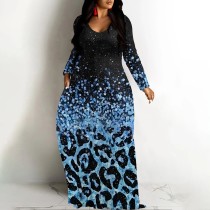 1 Piece Custom Casual Print V Neck Long Sleeve Fall Outings Straight Loose Maxi Dress