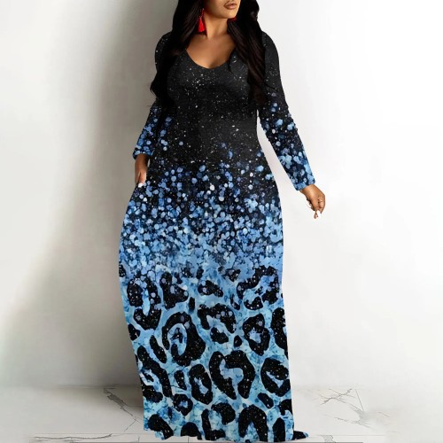 1 Piece Custom Casual Print V Neck Long Sleeve Fall Outings Straight Loose Maxi Dress