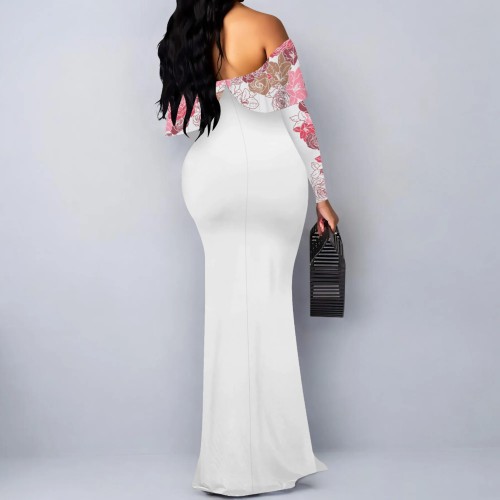 1 Piece Custom Casual Print Flower Off Shoulder Maxi Dress