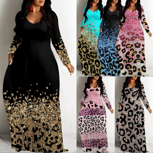 1 Piece Custom Casual Print V Neck Long Sleeve Fall Outings Straight Loose Maxi Dress