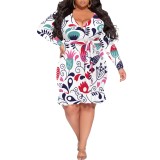1 Piece Custom Casual Print V Neck Long Sleeve Midi Dress