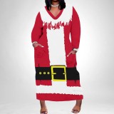 1 Piece Custom Casual Print V Neck Long Sleeve Plus Size Christmas Maxi Dresses