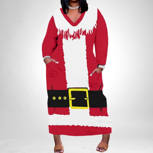 1 Piece Custom Casual Print V Neck Long Sleeve Plus Size Christmas Maxi Dresses