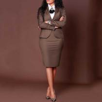 Elegant Peak Collar Solid Blazer & Skirt Set