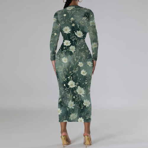 1 Piece Custom Casual Digital Printing Long Sleeve Mid Dress
