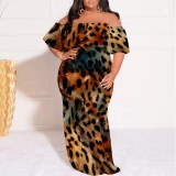 1 Piece Custom Casual Digital Printing Leopard Off Shoulder Maxi Dresses