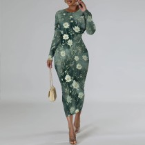 1 Piece Custom Casual Digital Printing Long Sleeve Mid Dress