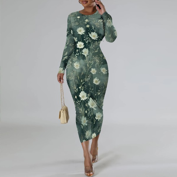 1 Piece Custom Casual Digital Printing Long Sleeve Mid Dress
