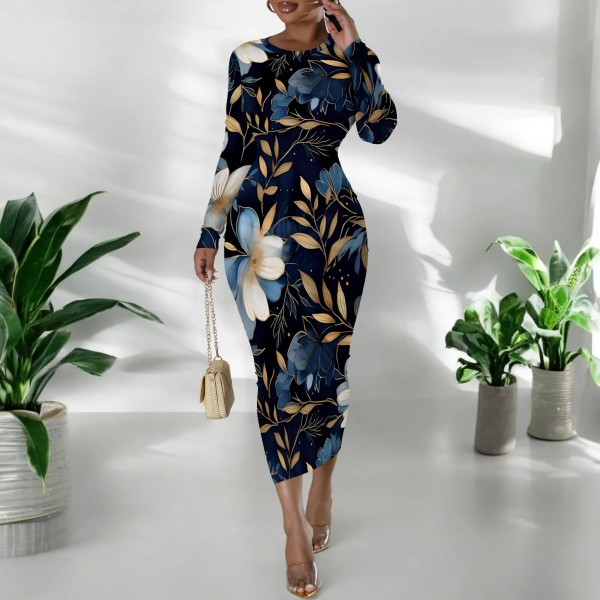 1 Piece Custom Casual Digital Printing Long Sleeve Mid Dress