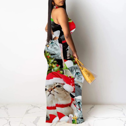 1 Piece Custom Casual Digital Printing Sleeveless Christmas Maxi Dress