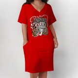 1 Piece Custom Casual Print V Neck Short Sleeve Plus Size Christmas Midi Dress