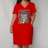 1 Piece Custom Casual Print V Neck Short Sleeve Plus Size Christmas Midi Dress