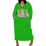 1 Piece Custom Casual Print V Neck Long Sleeve Christmas Plus Size Maxi Dress