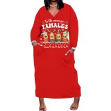1 Piece Custom Casual Print V Neck Long Sleeve Christmas Plus Size Maxi Dress