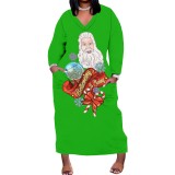 1 Piece Custom Casual Print V Neck Long Sleeve Christmas Plus Size Maxi Dress