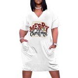 1 Piece Custom Casual Print V Neck Short Sleeve Plus Size Christmas Midi Dress