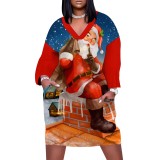 1 Piece Custom Casual Print V Neck Long Sleeve Plus Size Christmas Midi Dress
