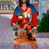 1 Piece Custom Casual Print V Neck Long Sleeve Plus Size Christmas Midi Dress