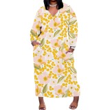 1 Piece Custom Casual Print V Neck Long Sleeve Plus Size Maxi Dress