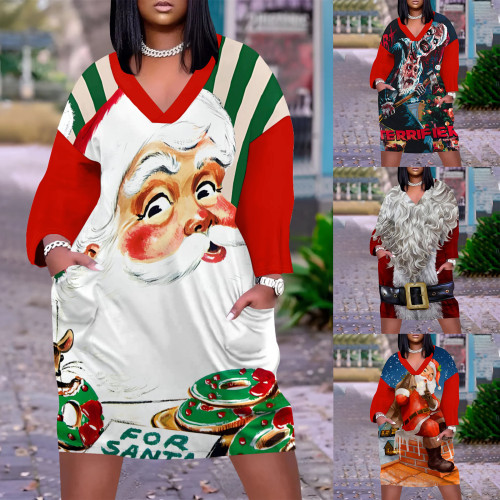 1 Piece Custom Casual Print V Neck Long Sleeve Plus Size Christmas Midi Dress