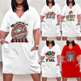 1 Piece Custom Casual Print V Neck Short Sleeve Plus Size Christmas Midi Dress