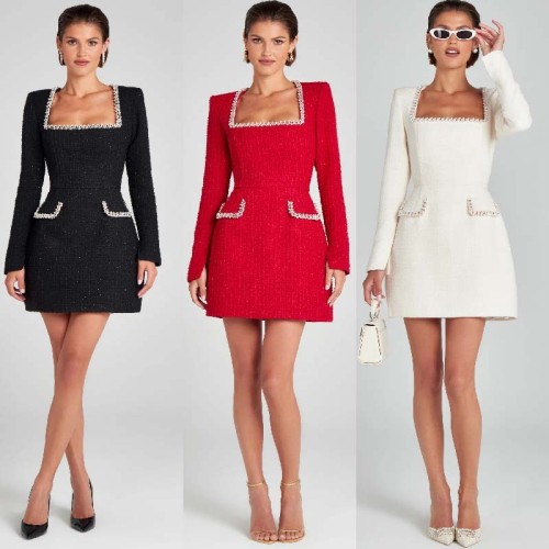 Women's Elegant Tweed Dress Square Neck Pearl A Line Party Mini Dresses