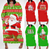 1 Piece Custom Casual Print V Neck Long Sleeve Christmas Plus Size Maxi Dress