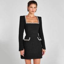 Women's Elegant Tweed Dress Square Neck Pearl A Line Party Mini Dresses