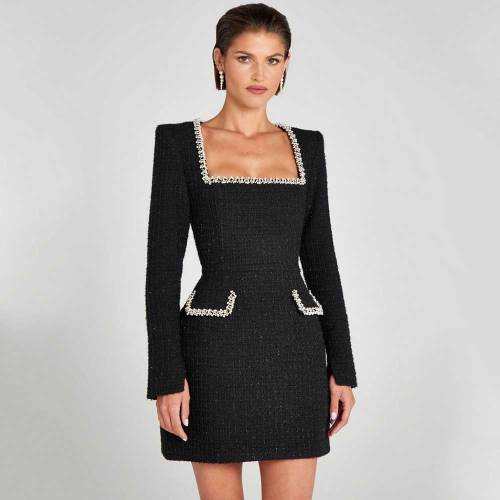 Women's Elegant Tweed Dress Square Neck Pearl A Line Party Mini Dresses