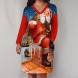 1 Piece Custom Casual Print V Neck Long Sleeve Plus Size Christmas Midi Dress