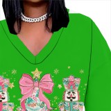 1 Piece Custom Casual Print V Neck Long Sleeve Christmas Plus Size Maxi Dress