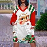 1 Piece Custom Casual Print V Neck Long Sleeve Plus Size Christmas Midi Dress