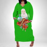 1 Piece Custom Casual Print V Neck Long Sleeve Christmas Plus Size Maxi Dress