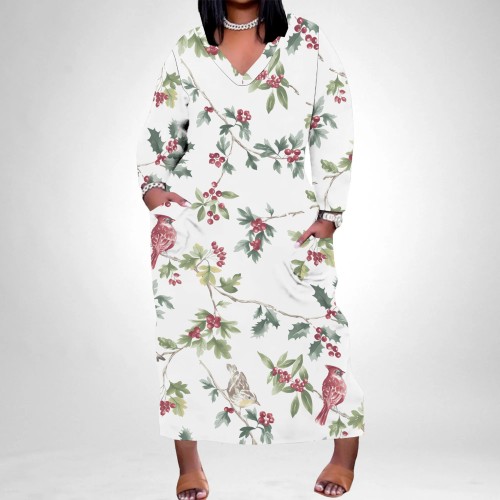 1 Piece Custom Casual Print V Neck Long Sleeve Plus Size Maxi Dress