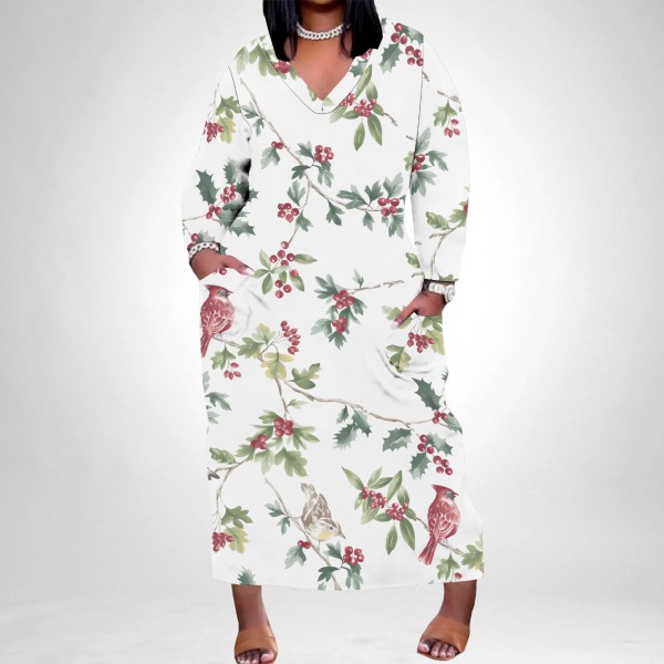 1 Piece Custom Casual Print V Neck Long Sleeve Plus Size Maxi Dress