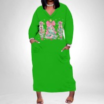 1 Piece Custom Casual Print V Neck Long Sleeve Christmas Plus Size Maxi Dress