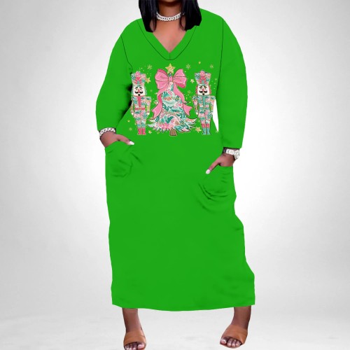 1 Piece Custom Casual Print V Neck Long Sleeve Christmas Plus Size Maxi Dress