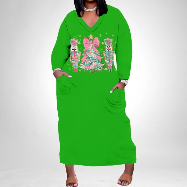 1 Piece Custom Casual Print V Neck Long Sleeve Christmas Plus Size Maxi Dress