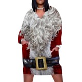 1 Piece Custom Casual Print V Neck Long Sleeve Plus Size Christmas Midi Dress