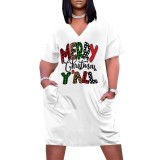 1 Piece Custom Casual Print V Neck Short Sleeve Plus Size Christmas Midi Dress