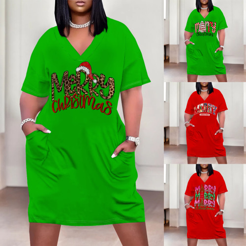 1 Piece Custom Casual Print V Neck Short Sleeve Plus Size Christmas Midi Dress