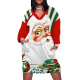1 Piece Custom Casual Print V Neck Long Sleeve Plus Size Christmas Midi Dress